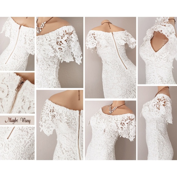 Last☝️ Crochet Lace Off Shoulder Sheath Midi Dress - Picture 4 of 8